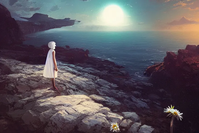 Prompt: giant white daisy flower over head, girl standing on rocky cliff, surreal photography, eclipse, milky way, dramatic light, impressionist painting, colorful clouds, digital painting, artstation, james gilleard, liam wong, jeremy mann, simon stalenhag