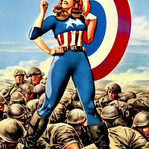 Image similar to female captain america standing on a pile of defeated german soldiers. wwii american propaganda poster by james gurney