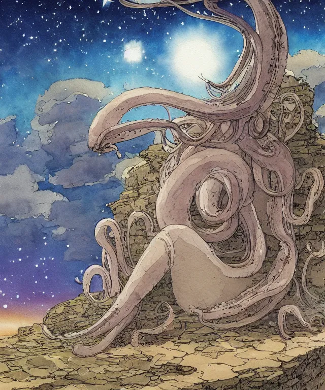 Image similar to a hyperrealist studio ghibli watercolor fantasy concept art. in the foreground is a giant long haired grey squid sitting in lotus position on top of stonehenge with shooting stars all over the sky in the background. by rebecca guay, michael kaluta, charles vess