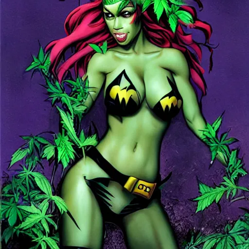 Prompt: 2010 Juxtapoz magazine cover of Brittany Renner as Poison Ivy Restraining batman, Marijuana, Smoke, Hot, accentuated hips, Serving Body, Smoking weed, Curvy, Matte Painting, Rude, lewd, riske, Vibrant, 8k, Epic Level of Detail, plant sap, Arte Lowbrow style, by Sachin Teng, :3 ,By :5 Sexy: 7