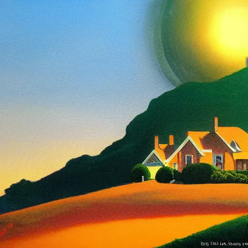 Image similar to a painting of a house on top of a hill with a sunset in the style of Maxfield Parrish