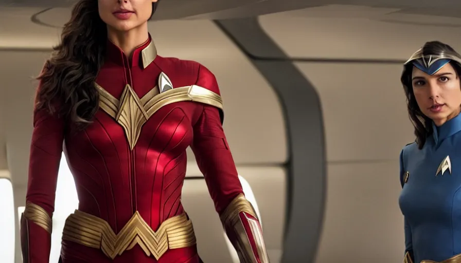 Image similar to Gal Gadot, wearing command red, is the captain of the starship Enterprise in the new Star Trek movie