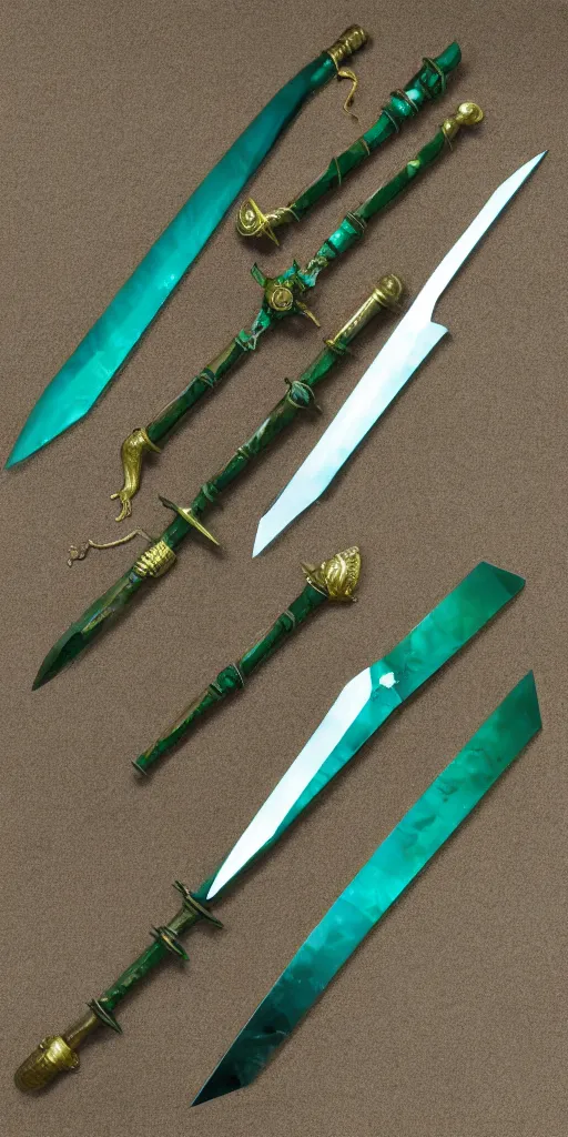 Image similar to photograph of a wide green and teal crystal sword blade attached to a big gold sword hilt
