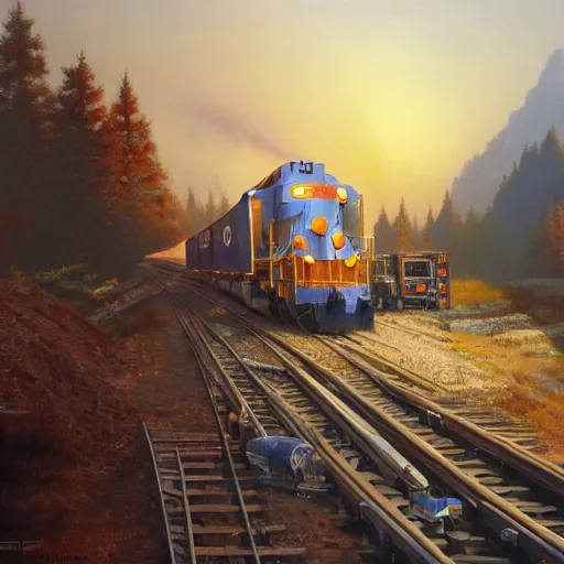 Image similar to freight line, unreal 5, DAZ, highly detailed, soft focus, brilliant, 4k, trending on artstation, art by Rick Guidice painting by Robert McCall by John Harris,