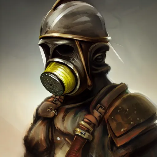 Prompt: character concept, persian warrior in a gas mask, complex tech