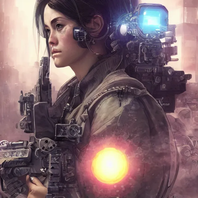 Image similar to the portrait of lawful neutral female cyberpunk marine sniper as absurdly beautiful, gorgeous, elegant, young gravure idol, an ultrafine hyperdetailed illustration by kim jung gi, irakli nadar, intricate linework, bright colors, octopath traveler, final fantasy, unreal engine 5 highly rendered, global illumination, radiant light, detailed and intricate environment