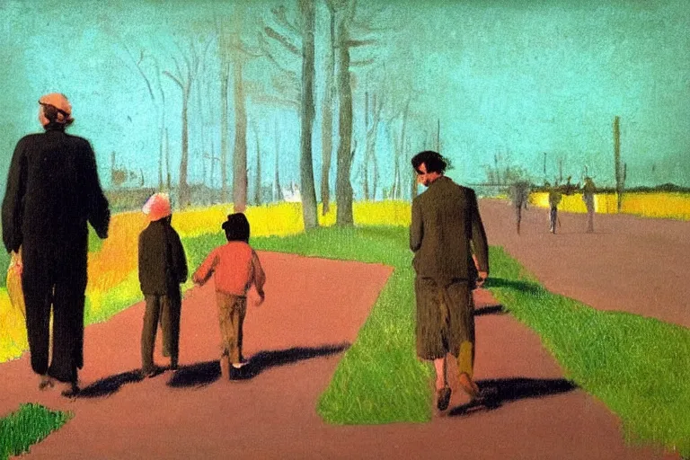 Image similar to a very tall man with dark hair holding the hands of a short young boy with dark hair as they walk down a suburban highway on a bright beautiful colorful day. part in the style of an edgar degas painting. part in the style of david hockney