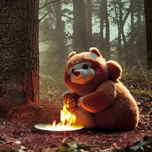 Prompt: candid photo of Teddy Ruxpin in the woods, sitting on the porcelain throne, playing with fire by Annie Leibowitz, photorealisitc, extremely detailed