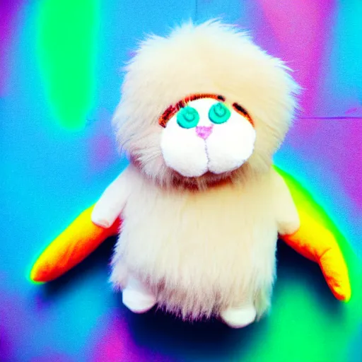 Prompt: lomography long shot of cute plush fluffy chthonic monster made to look like a baby, bokeh background, lsd colors