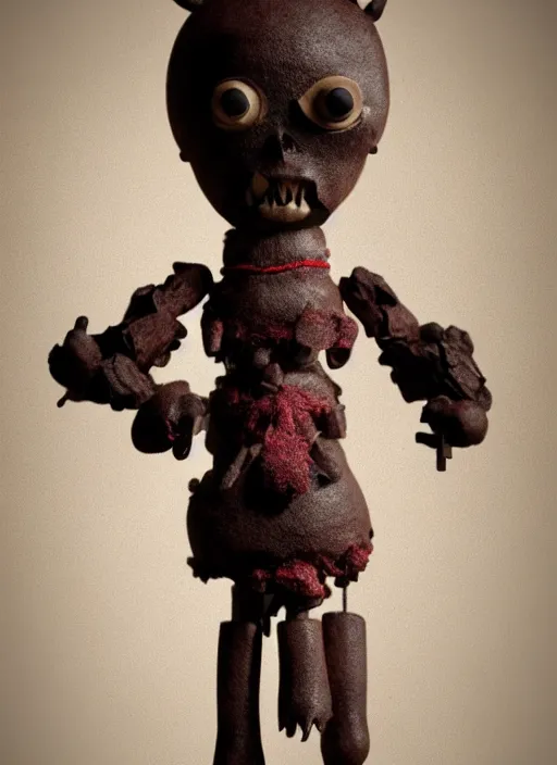 Image similar to an octane render of a voodoo doll, ritualistic, made of painted wood, leather, minimal statuette of a demon, volumetric lighting, beautiful design, hd render,