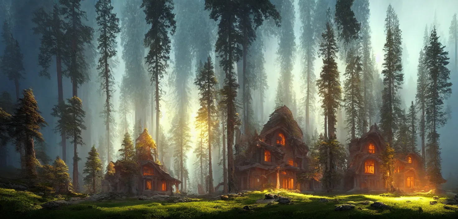 Image similar to random mystic house in sequoia forest incredible, vector art, octane render, fabulous, hyper detailed, random cinematic view, no noise, global illumination, warm lighting, volumetric, godrays, vivid, beautiful, by jordan grimmer