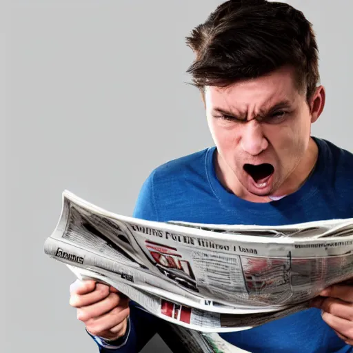 Prompt: professional photographic image of young angry man ripping newspapers, studio shot, dynamic lighting, high definition, highly detailed, photo-realistic, unreal engine render, 16k