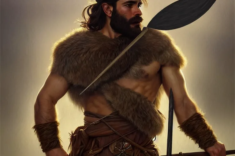 Image similar to full body portrait of a gruff ranger with a spear, lean and toned, handsome face, hairy chest and hairy body, D&D, intricate, elegant, highly detailed, digital painting, artstation, concept art, matte, sharp focus, chiaroscuro, well list, illustration, art by Artgerm and Greg Rutkowski and Alphonse Mucha