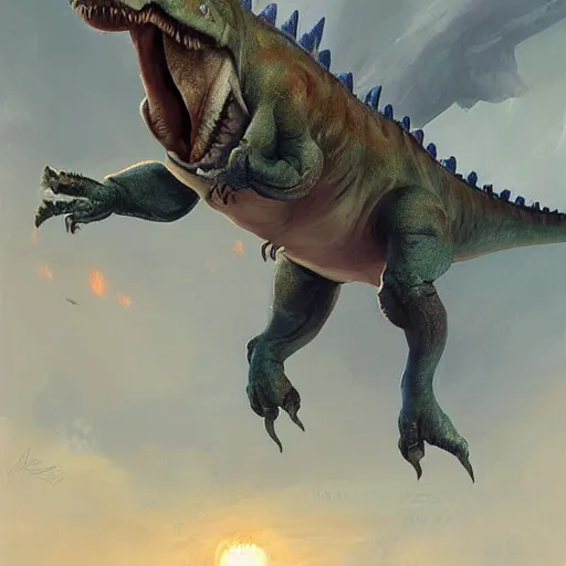 Image similar to friendly dinosaur with wings as arms geog darrow greg rutkowski