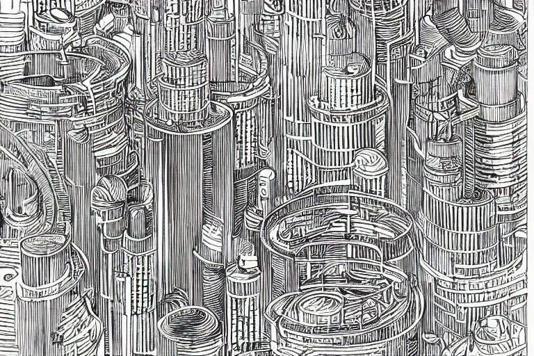 Prompt: an elaborate penned child illustration of a colorful intricate connected city of tubes and pipes, by martin handford and by jan van haasteren