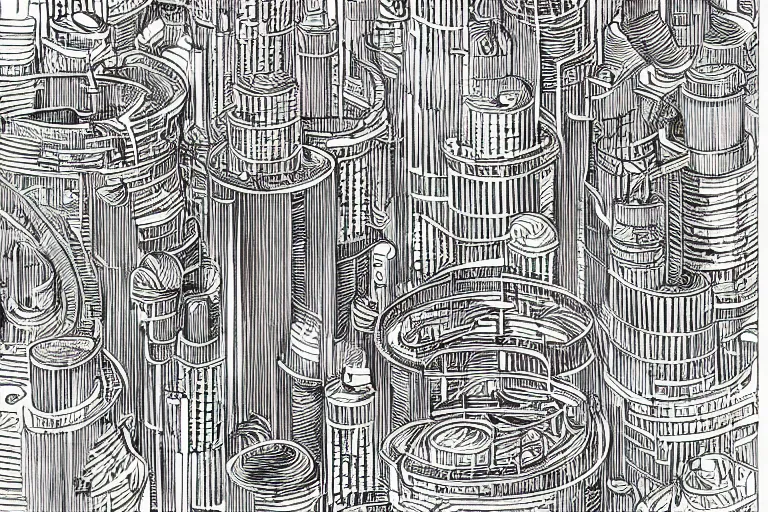 Image similar to an elaborate penned child illustration of a colorful intricate connected city of tubes and pipes, by martin handford and by jan van haasteren