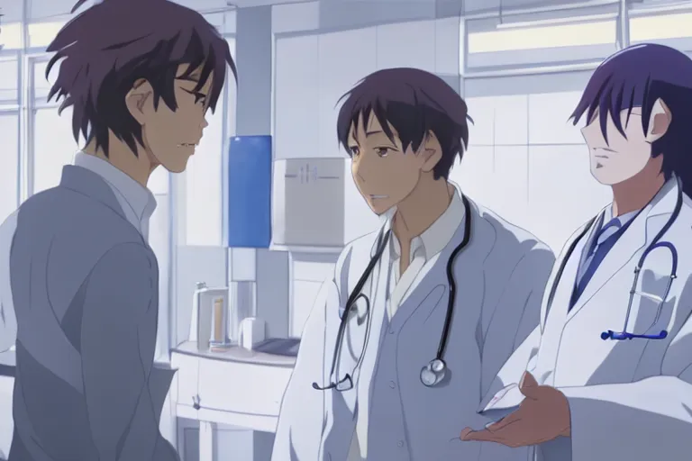 Image similar to a elegant doctor wearing white coat are talking with an old surgeon in a hospital, slice of life anime, lighting, anime scenery by Makoto shinkai