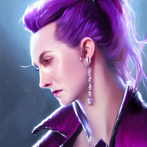 Image similar to beautiful close up portrait vampire purple ponytail, crystal armor, elegant, detailed. epic cinematic hyperrealism masterpiece. realistic poster with shaded lighting by craig mallismo, artgerm, jeremy lipkin and michael garmash, unreal engine, radiant light, detailed and complex environment, digital art, art station trends, detailed faces, detailed eyes