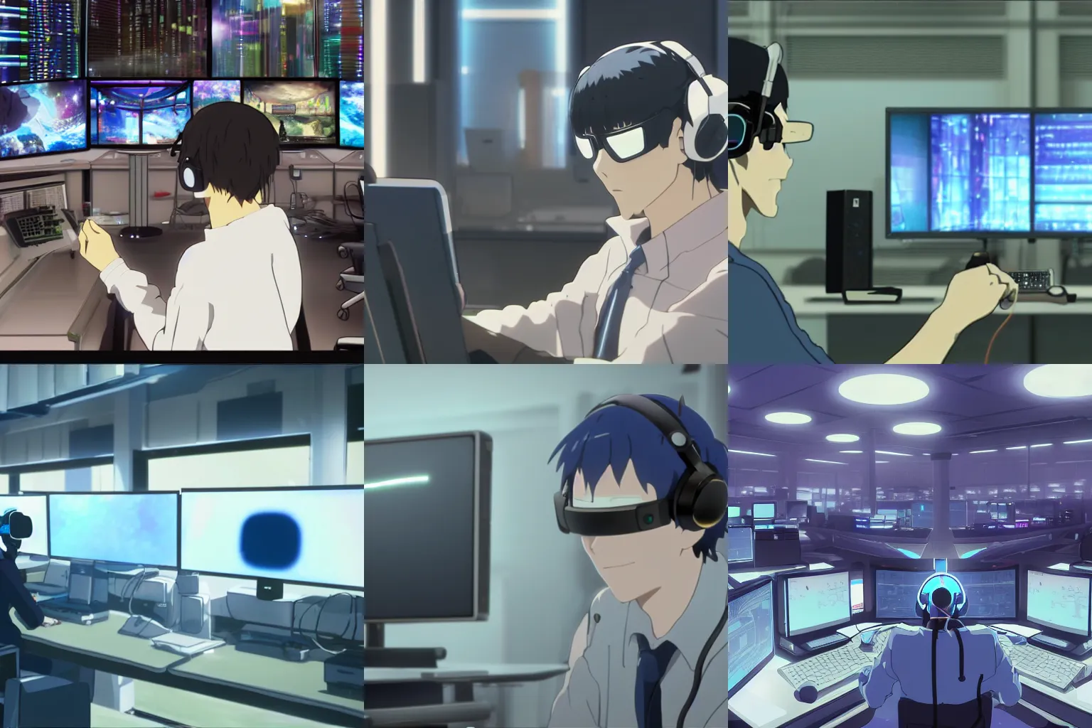 Prompt: man wearing a virual reality headset, indoors, in a room full of computers, modern times, screenshot from the anime film by Makoto Shinkai