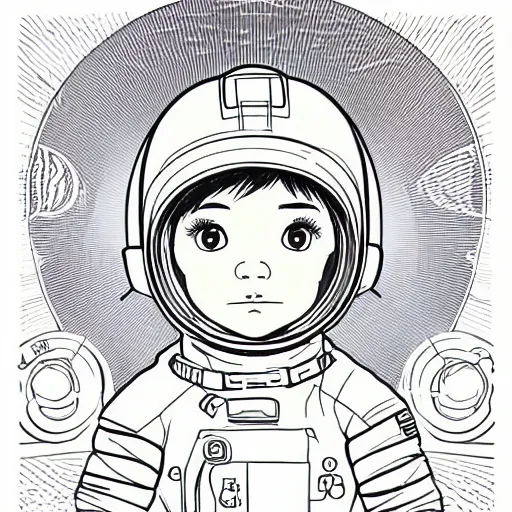 Image similar to clean simple line art of a cute little boy with short straight hair. he is dressed as an astronaut. no background. well composed, clean coloring book page, beautiful detailed face. coloring book line art by artgerm and greg rutkowski and johanna basford and alphonse mucha