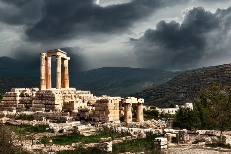 Prompt: Ancient Greek architecture in a Greek valley, dramatic sky, digital art, 4k, 8k, trending on ArtStation