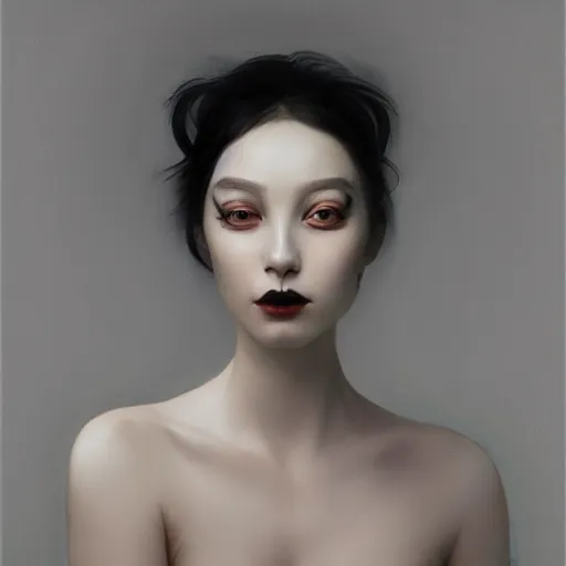 Image similar to yanjun cheng portrait of a beautiful dark fae woman, with black lips, gray mottled skin, black feathers instead of hair, feathers growing out of skin, modestly clothed, intricate, detailed, symmetric face, by wlop and karol bak and bouguereau and viktoria gavrilenko