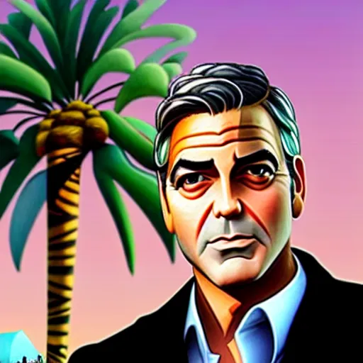 Image similar to george clooney in gta v. los santos in background, palm trees in the art style of stephen bliss