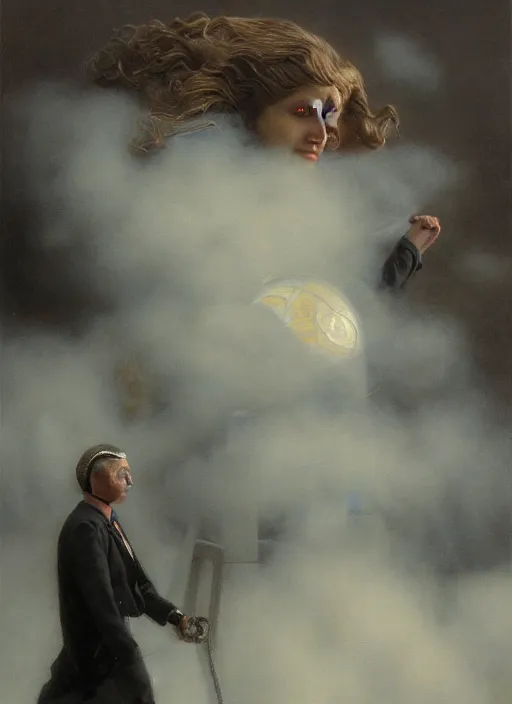 Image similar to A telemarketer walking out of of misty steam clouds, intricate, elegant, highly detailed, donato giancola, Joseph Christian Leyendecker, WLOP, Boris Vallejo, Artgerm