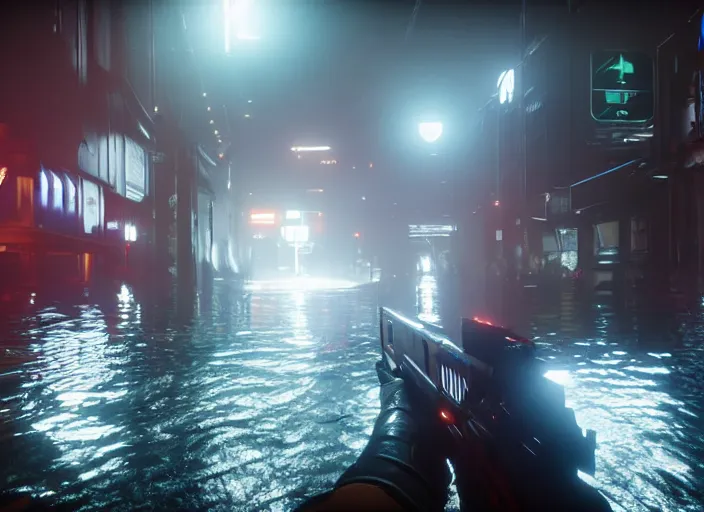 Prompt: 4k 60fps in-game destiny 2 gameplay showcase dark, misty, foggy, flooded rainy tokyo japan street in Destiny 2, liminal creepy, dark, dystopian, abandoned, highly detailed