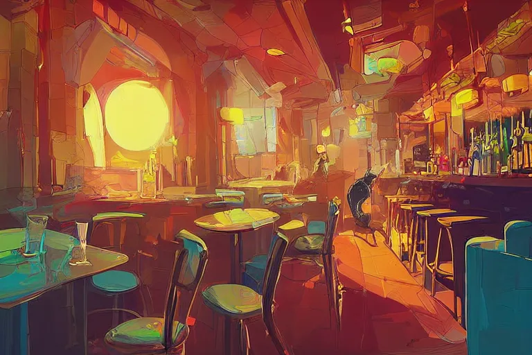 Image similar to a digital art of a cat sits on a chair in a bar in the afternoon, the sun shines in, animal, light effect, highly detailed, by anton fadeev