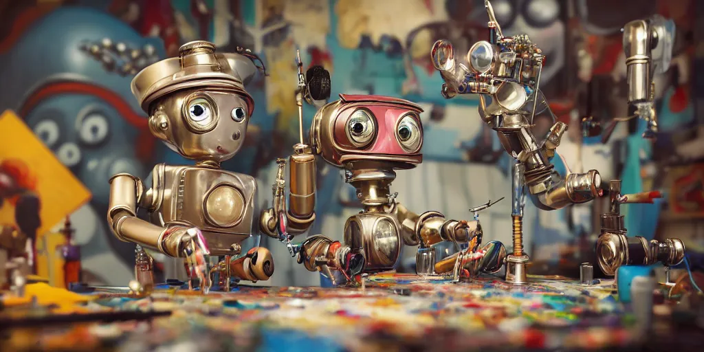 Image similar to closeup portrait of tin toy retro robot painter mixing gouache in an artist workshop, depth of field, zeiss lens, detailed, centered, fashion photoshoot, by nicoletta ceccoli, mark ryden, lostfish, breathtaking, 8 k resolution, extremely detailed, beautiful, establishing shot, artistic, hyperrealistic, octane render