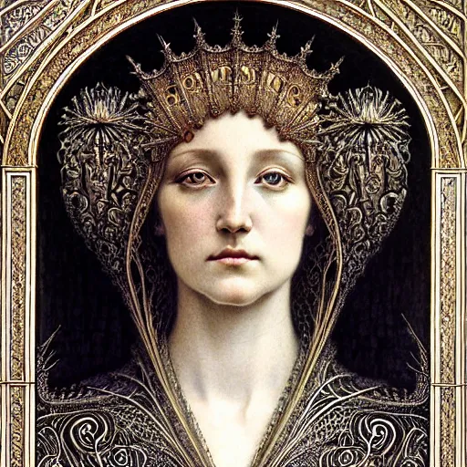 Image similar to detailed realistic beautiful young medieval queen face portrait by jean delville, gustave dore and iris van herpen, art forms of nature by ernst haeckel, art nouveau, symbolist, visionary, gothic, pre - raphaelite, fractal lace, surreality, horizontal symmetry, intricate details