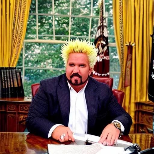 Prompt: President Guy Fieri at his desk in the Oval Office, business suit with flames, award winning photography