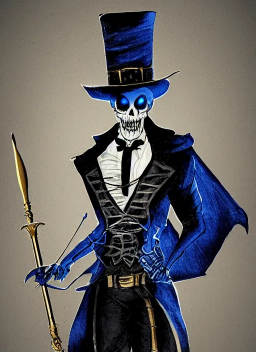 Image similar to DND character art, skeletal male figure, wearing a deep black suit!!! and tie and top hat, holding a gold! cane!, blue flames in background, blue flames