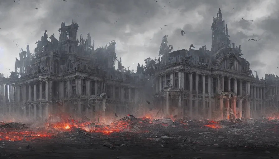 Image similar to destroyed palace of justice of brussels on fire, grey sky, debris, collapsing, hyperdetailed, artstation, cgsociety, 8 k