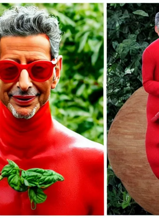 Image similar to jeff goldblum in a tomato outfit