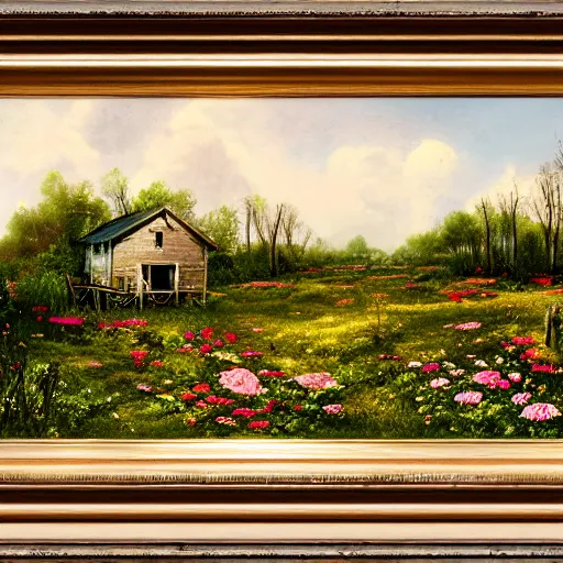 Prompt: a matte painting of a midwestern countryside, shack close up, overgrown, patchy flowers, oil painting, pale colors, high detail, 8 k, wide angle, trending on artstation,