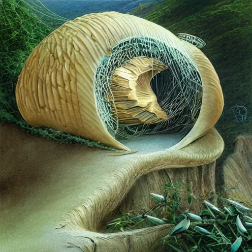 Prompt: beautiful portrait of bamboo living pods shaped like a sea shell embedded on the side of a cliff, the time machine, mechanical birds in flight, art by artgerm, artwork by peter gric and brian froud