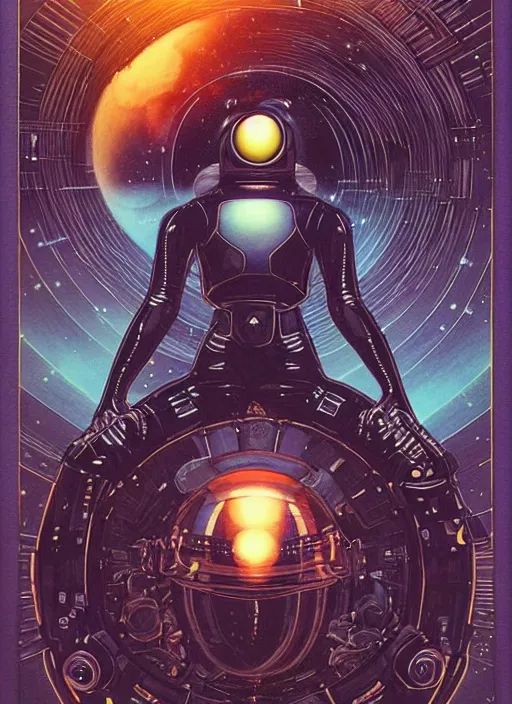 Image similar to meditating astronaut high details, intricate details, by vincent di fate, artgerm julie bell beeple, 1 9 8 0 s, inking, vintage 8 0 s print, screen print