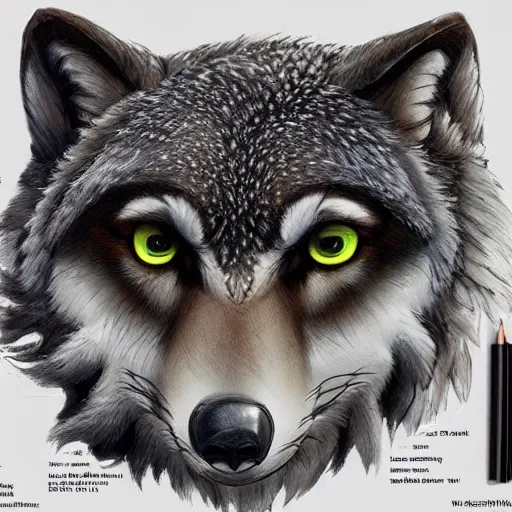 Prompt: ( ( ( ( wolf ) ) ) ) with! owl - head, art reference sheet, featured on artstation