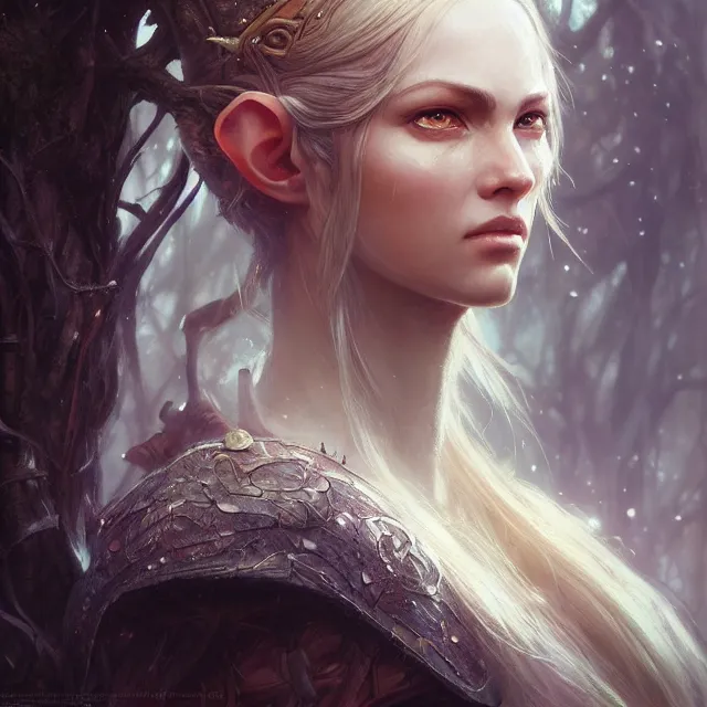 Prompt: close up portrait of a beautiful female elven warrior, magical forest background fantasy atmosphere. art by greg rutkowski. highly detailed, intricate, lifelike. sci - fi, fantasy, magical, nikon d 8 5 0.