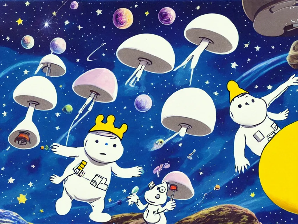 Image similar to moomins in space suits flying around with jetpacks discovering the mushroom planet, photorealistic painting, cgi