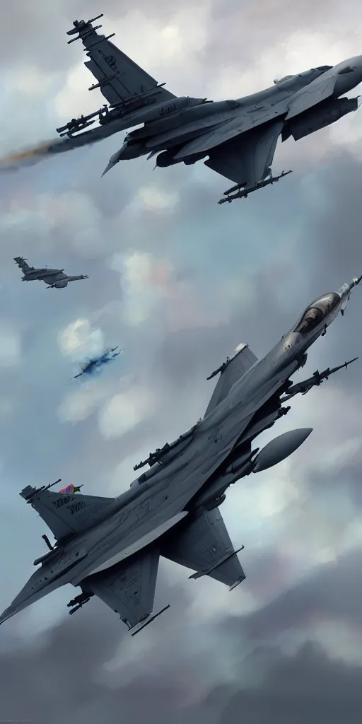 Image similar to f - 1 6 flyby in the style of greg rutkowski and wlop, and lisa frank, and bob ross, and ruan jia, illustration, epic, military aviation, hyper detailed, smooth, unreal engine, sharp focus, ray tracing