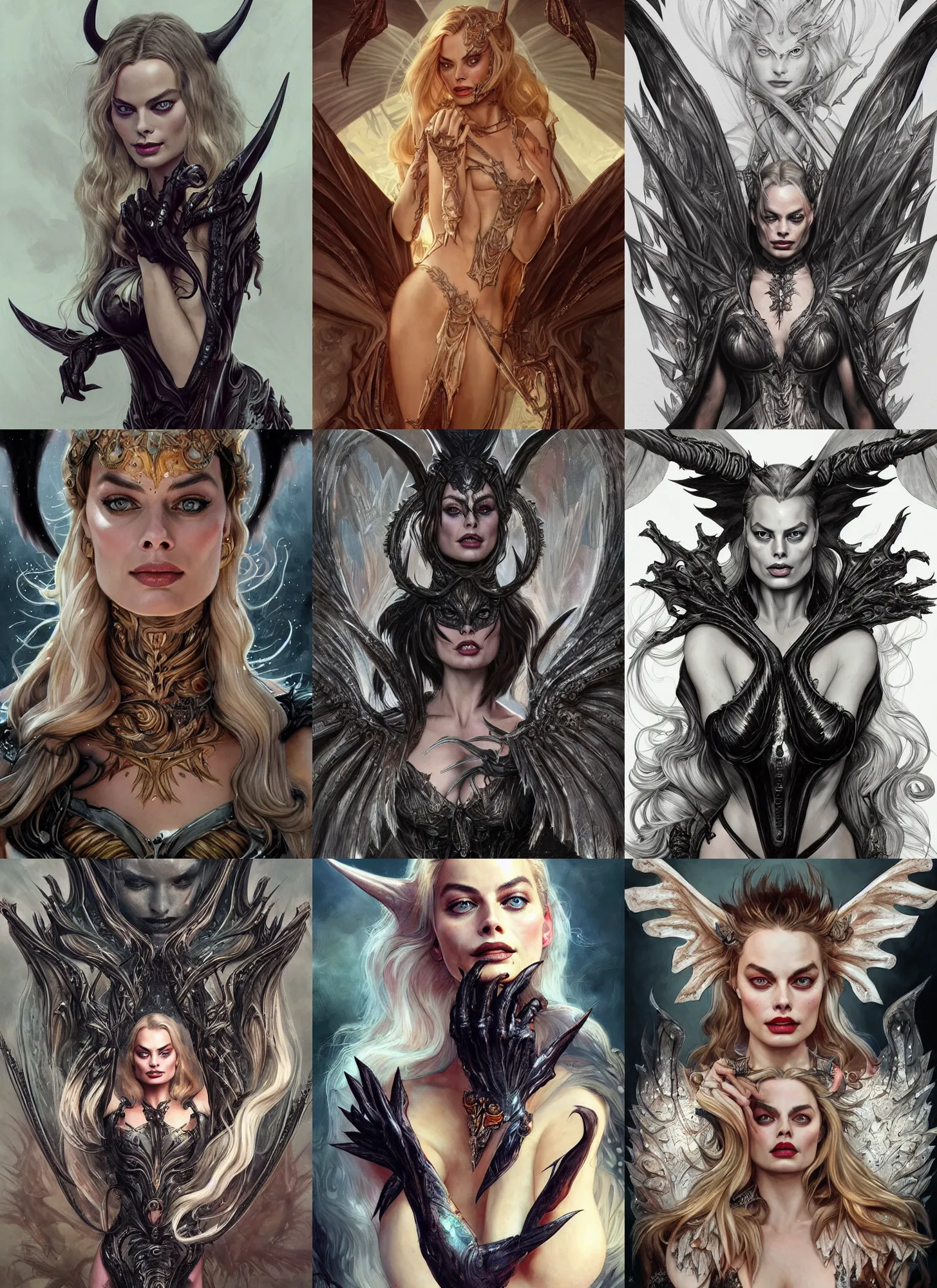 Prompt: Margot Robbie as a Demon, Bat Wings, cute, fantasy, intricate, elegant, highly detailed, digital painting, 4k, HDR, concept art, detailed jewelry, smooth, sharp focus, head and waist potrait, art by Artgerm and H R Giger and Greg Rutkowski and Alphonse Mucha
