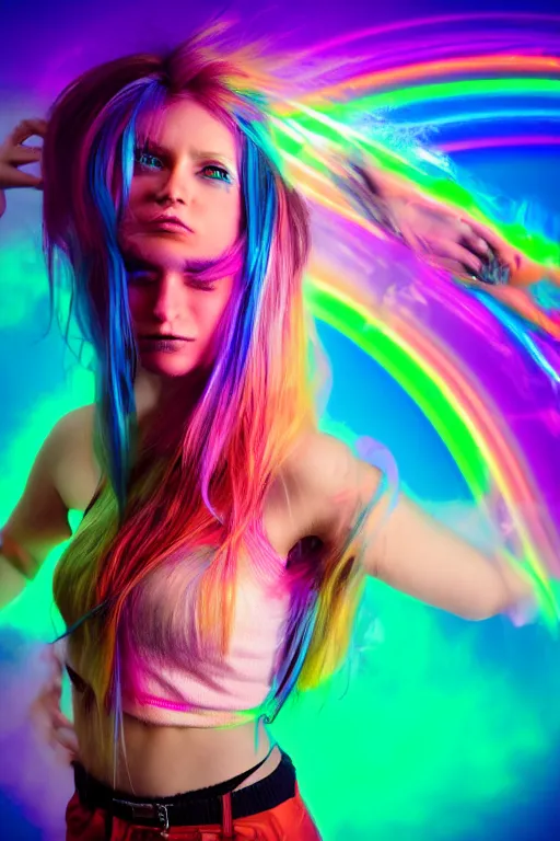 Prompt: a award winning half body portrait photograph of a beautiful woman with stunning eyes in a croptop and cargo pants with rainbow colored hair, routlined by whirling illuminated neon lines, outrun, vaporware