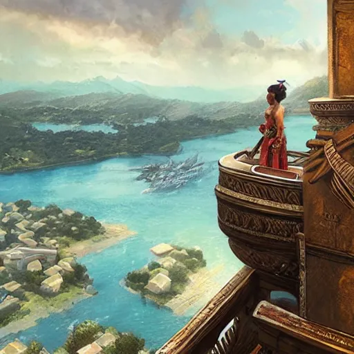 Prompt: a fijian queen looks down on her city from the palace balcony, fantasy art by greg rutkowski