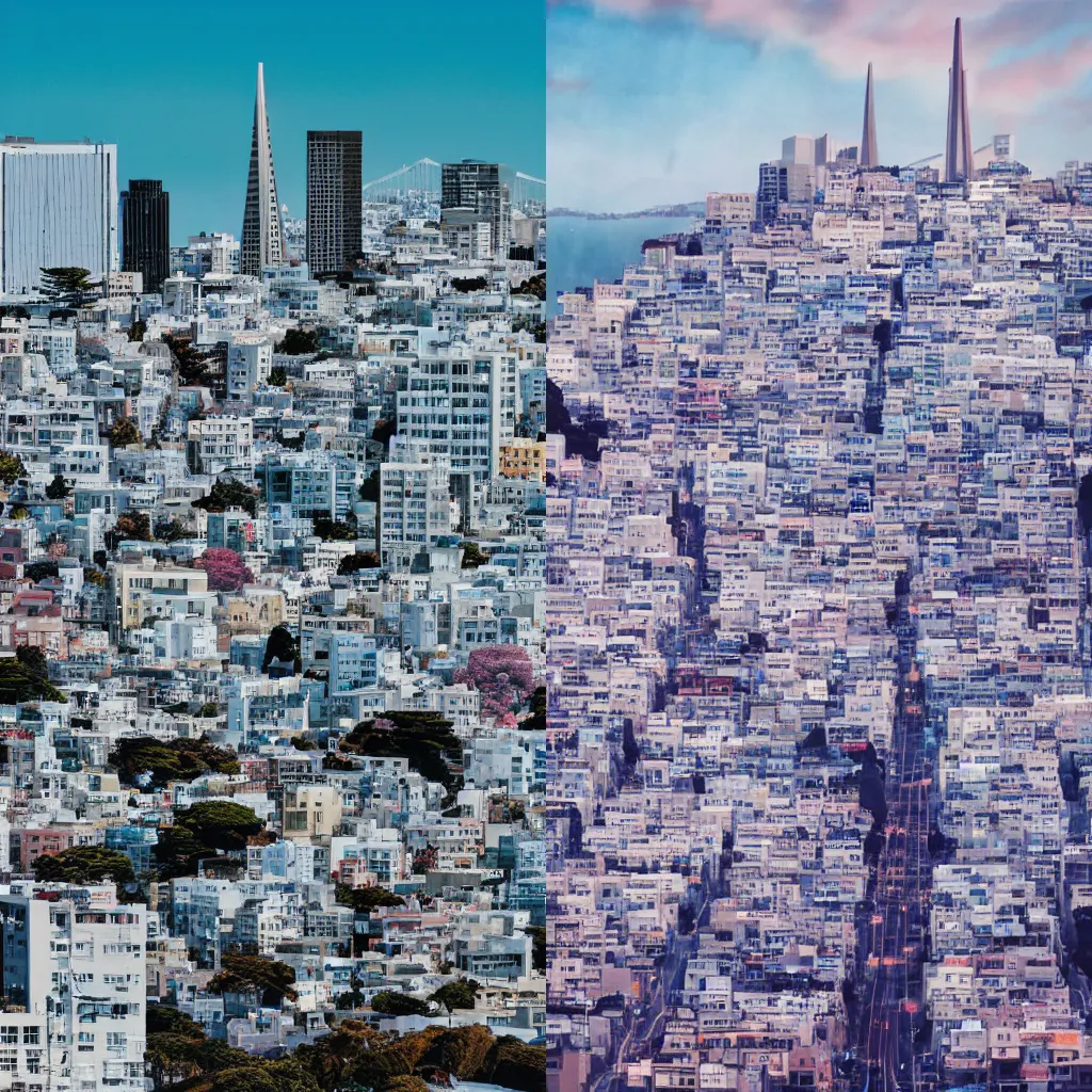 Prompt: photo of San Francisco, vaporwave, Hayao Miyazaki
