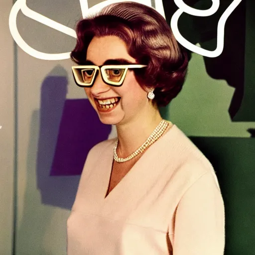 Prompt: Elizabeth II with big googles portrait photo artwork by Slim Aarons in 1965 TIMES magazine cover photo, color