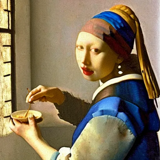 Image similar to the fisher's girl that opened the empty oyster, by johannes vermeer