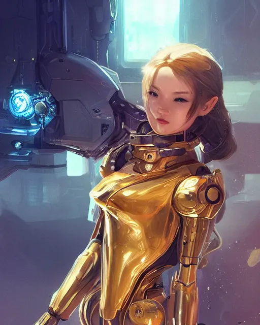 Image similar to holy cyborg girl with golden armor, elegant, scifi, futuristic, utopia, garden, colorful, lee ji - eun, illustration, atmosphere, top lighting, blue eyes, focused, artstation, highly detailed, art by yuhong ding and chengwei pan and serafleur and ina wong